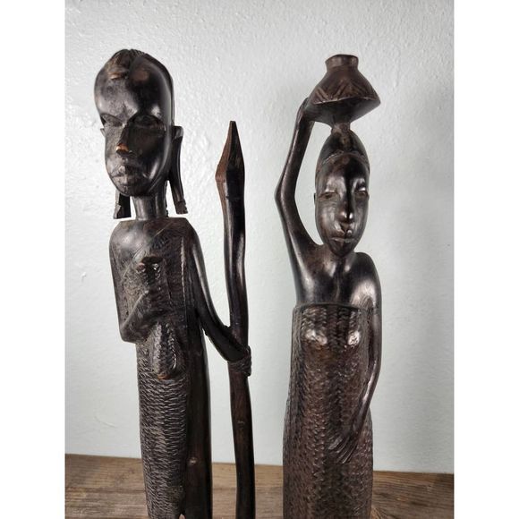 VINTAGE African Carved Ebony Statues 13" Warrior & Village Woman Tribal Folkart - Picture 2 of 10